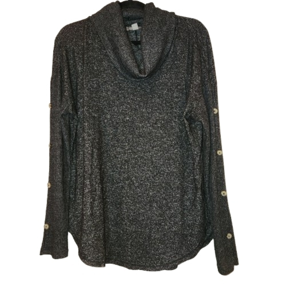 Peace & Pearls Black Cowl Neck Tunic Sweater Size L Long Sleeves Button Detail